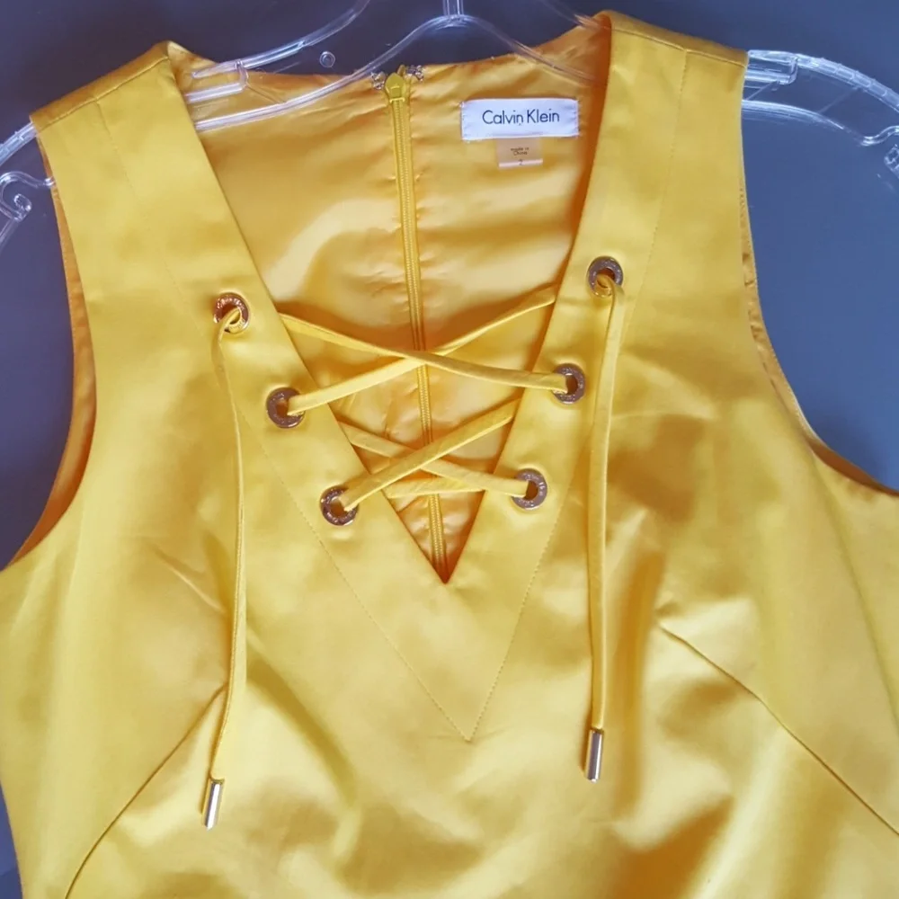 Calvin Klein Yellow Lace-Up Midi Dress